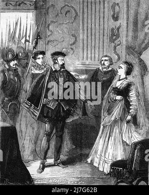 'La veuve de Charles XII Marie Tudor (1496-1533) surprise avec Charles Brandon, duc de Suffolk, (1484-1545) favi du roi Henri VIII dans sa chambre en mars 1515 (Mary Tudor, Reine de France veuve du Roi Louis XII, Avec Charles Brandon à l'Hôtel de Clugny à Paris le 3 mars 1515) Gravure tiree de 'les mystérieuses du grand monde' de Fulgence Girard Collection privee Banque D'Images