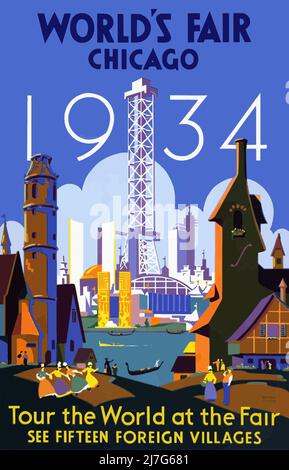 Affiche de voyage vintage 1930s pour la foire mondiale de Chicago 1934 montrant le parc des expositions avec les gratte-ciel de Chicago. Banque D'Images