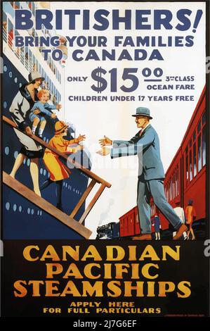 Affiche de voyage vintage 1950s - navires à vapeur du Pacifique canadien - Britishers! Amenez vos familles au Canada, Banque D'Images