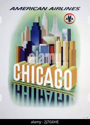 Affiche de voyage vintage des années 1950 - Chicago - United Air Lines Banque D'Images