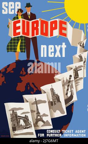 Affiche de voyage vintage 1950s - Voir l'Europe suivante Banque D'Images