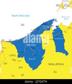 Brunei carte vectorielle très détaillée avec régions administratives, principales villes et routes. Illustration de Vecteur