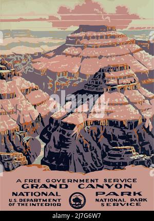 Affiche de voyage vintage 1930s - AFFICHE DU GRAND CANYON, c1938. /Affiche du Service des parcs nationaux, c1938, promotion du parc national du Grand Canyon en Arizona. Banque D'Images