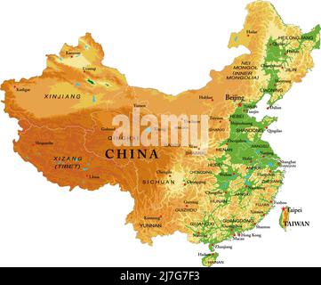 Carte physique très détaillée de la Chine, au format vectoriel, avec toutes les formes de relief, les États et les grandes villes. Illustration de Vecteur