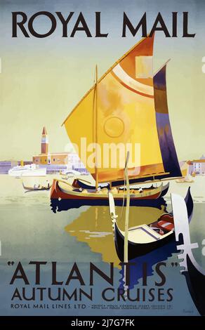 Affiche vintage 1930s - Royal Mail Atlantis Autumn Cruises - Venise, Italie Banque D'Images