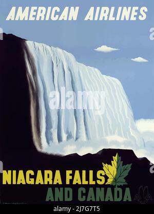 Affiche de voyage vintage 1940s - Niagara Falls et Canada avec American Airlines Banque D'Images