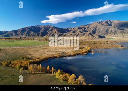 Couleurs d'automne, lac Benmore, delta de la rivière Ahuriri, et chaîne de Benmore, vallée de Waitaki, North Otago, South Island, Nouvelle-Zélande - drone aérien Banque D'Images