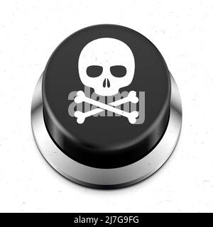Mort crâne bouton noir avec anneau métallique, isolé sur fond blanc. Bouton vecteur de danger mortel. Illustration de Vecteur
