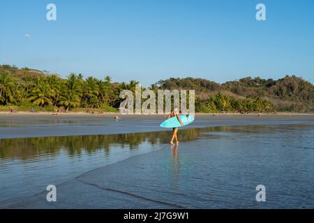 Surfeur marchant sur la plage de la belle Playa Hermosa à Santa Tersa, Costa Rica. Banque D'Images