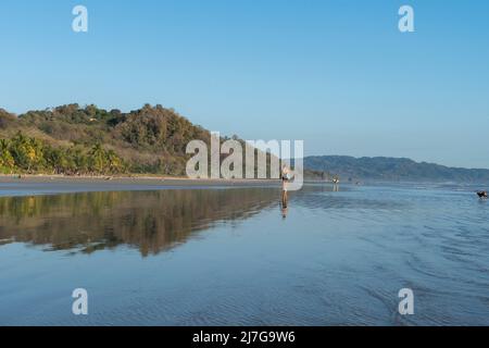 Surfeur marchant sur la plage de la belle Playa Hermosa à Santa Tersa, Costa Rica. Banque D'Images