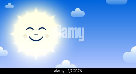 Personnage de dessin animé au soleil souriant sur fond bleu ciel avec des nuages blancs. Bannière vecteur soleil du matin. Illustration de Vecteur