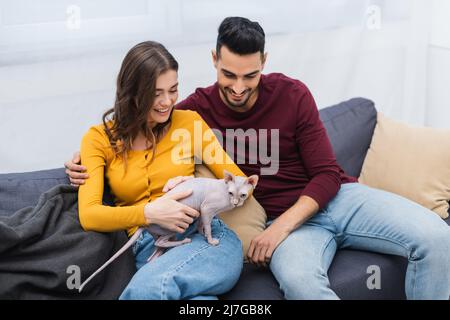 Homme arabe embrassant une petite amie souriante avec chat sphynx à la maison Banque D'Images