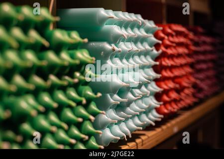 Bougies bâton colorées disposées sur des étagères et triées par couleur dans un magasin de bougies. Banque D'Images