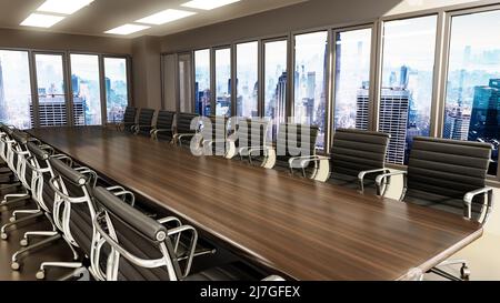 Table de réunion et chaises de bureau à l'intérieur de la salle de réunion. 3D illustration. Banque D'Images