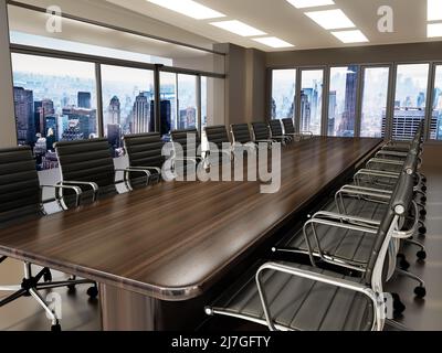 Table de réunion et chaises de bureau à l'intérieur de la salle de réunion. 3D illustration. Banque D'Images