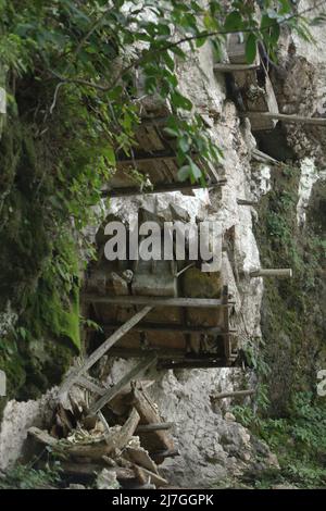 Sarcophage suspendu à un site d'enfouissement traditionnel dans le village de Kete Kesu, au nord de Toraja, au sud de Sulawesi, en Indonésie. Banque D'Images