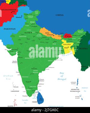 Carte très détaillée de l'Inde. Illustration de Vecteur