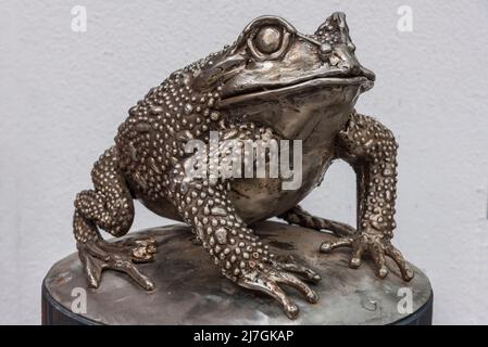 L'une des mini statues d'animaux de Shakespeare joue autour du centre-ville de Prescot, qui abrite le nouveau théâtre Shakespeare du Nord. Une grenouille. Banque D'Images