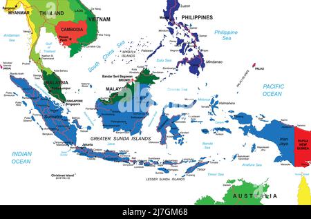 Indonésie carte vectorielle détaillée avec frontières des pays, noms de comté, routes principales et silhouette d'état très détaillée. Illustration de Vecteur
