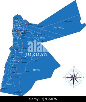 Carte vectorielle très détaillée de la Jordanie avec régions administratives, principales villes et routes Illustration de Vecteur