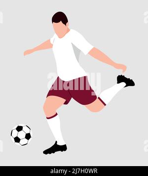 Dessin plat d'un joueur de football dans les couleurs de la coupe du monde Qatar 2022 frapper une balle de football Illustration de Vecteur