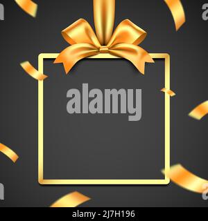 Cadre de boîte cadeau doré avec ruban et confetti tombant sur fond noir. Carte cadeau de luxe à motif vectoriel. Illustration de Vecteur