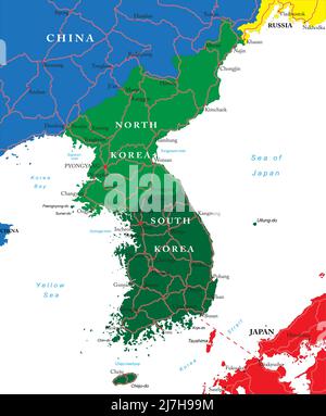 Carte vectorielle de la Corée du Sud et du Nord avec régions administratives, principales villes et routes. Illustration de Vecteur