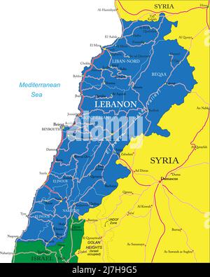 Carte vectorielle très détaillée du Liban avec régions administratives, principales villes et routes. Illustration de Vecteur