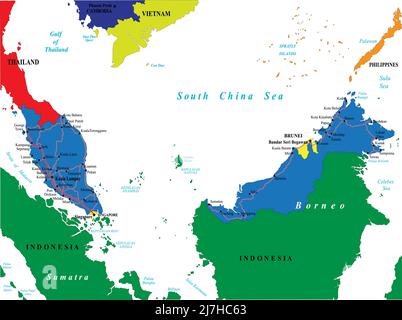 Malaisie carte vectorielle très détaillée avec les principales villes et routes. Illustration de Vecteur