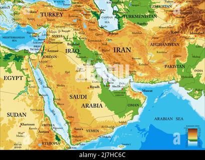 Carte physique très détaillée du Moyen-Orient, en format vectoriel, avec toutes les formes de relief. Illustration de Vecteur
