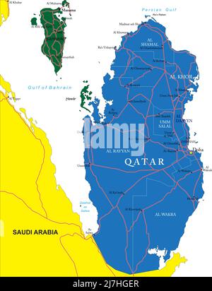 Qatar carte vectorielle très détaillée avec régions administratives, principales villes et routes. Illustration de Vecteur