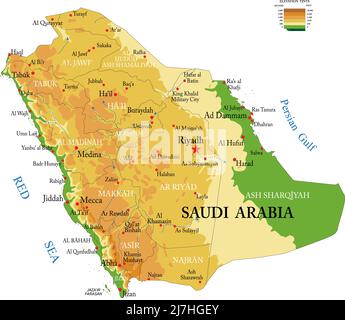 Carte physique très détaillée de l'Arabie Saoudite, en format vectoriel, avec toutes les formes de relief, les régions et les grandes villes. Illustration de Vecteur