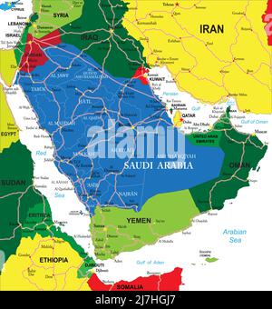 Carte vectorielle très détaillée de l'Arabie saoudite avec régions administratives, principales villes et routes. Illustration de Vecteur