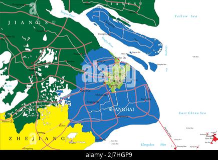 Shanghai carte vectorielle très détaillée avec régions administratives, villes principales et routes. Illustration de Vecteur