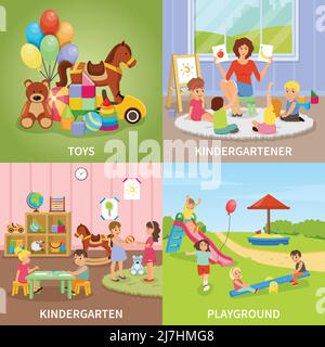 Concept de conception plate de jardin d'enfants comprenant un éducateur pendant la leçon de jeu, des jouets colorés, des enfants à l'aire de jeux illustration vectorielle isolée Illustration de Vecteur