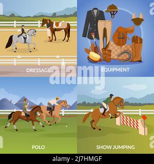 Concept de design de sport équestre avec équipement pour le cheval et le jockey, dressage, polo, illustration de vecteur isolé de saut d'exposition Illustration de Vecteur
