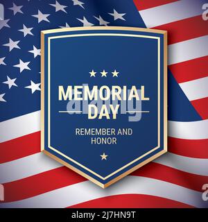 Motif vectoriel de carte postale du Memorial Day, avec texte de message d'accueil et bouclier sur un arrière-plan de drapeau américain agitant. Illustration de Vecteur