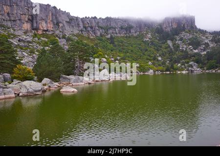 Un lac entouré de formations rocheuses et une forêt de pins luxuriante sous un ciel gris. Banque D'Images