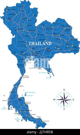 Carte vectorielle très détaillée de la Thaïlande avec régions administratives, principales villes et routes. Illustration de Vecteur