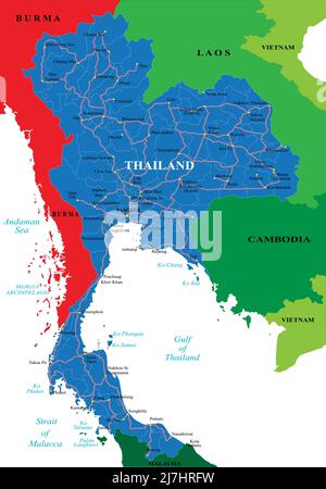 Carte vectorielle très détaillée de la thaïlande avec divisions administratives, principales villes et routes. Illustration de Vecteur