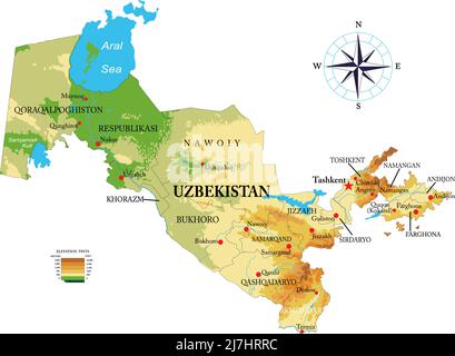 Carte physique très détaillée de l'Ouzbékistan, en format vectoriel, avec toutes les formes de secours, les régions et les grandes villes. Illustration de Vecteur