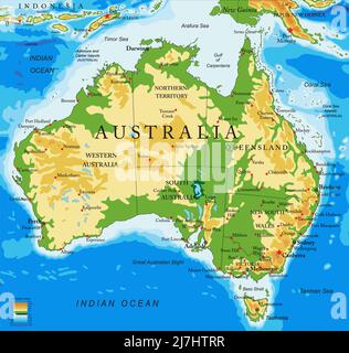 Carte physique très détaillée de l'Australie, en format vectoriel, avec toutes les formes de secours, les pays et les grandes villes. Illustration de Vecteur