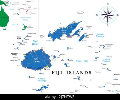 Carte vectorielle très détaillée des Fidji avec les principales villes et routes. Illustration de Vecteur
