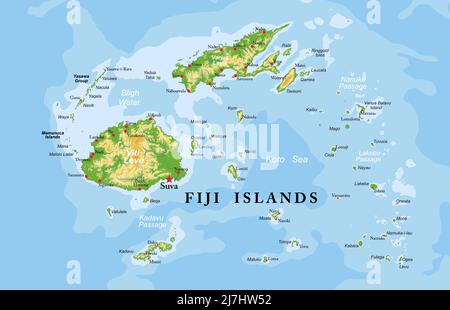 Carte physique très détaillée des îles Fidji, en format vectoriel, avec toutes les formes de secours, les régions et les grandes villes. Illustration de Vecteur