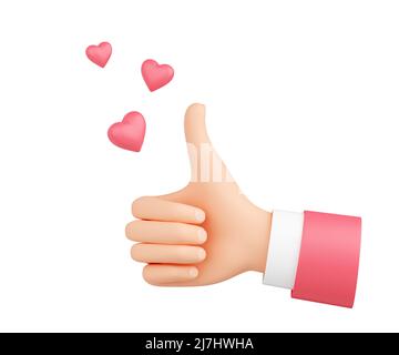 Geste de pouce avec Flying Hearts 3D rendu - comme ou le concept de rétroaction positive. Main humaine de dessin animé montrant le signe d'approbation avec le doigt vers le haut pour heureux Banque D'Images