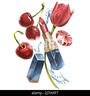 Rouge à lèvres. Rouge à lèvres ouvert dans un étui noir. Pommade avec des fruits de cerise et des fleurs. Isolé clipart peint à la main, frais exotiques nourriture rouge pour la labe alimentaire Banque D'Images