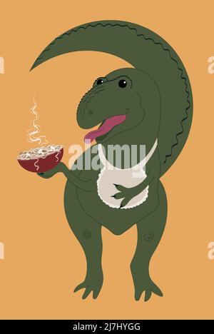 Tyrannosaurus rex debout avec un bol de nouilles Illustration de Vecteur