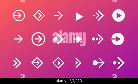 Ensemble d'icônes de bouton glisser vers la droite. Pictogramme de flèche de défilement des applications et des réseaux sociaux pour la conception Web ou l'application. Collection d'éléments d'interface de pointeur blanc de direction suivante sur fond de dégradé. Vecteur Illustration de Vecteur