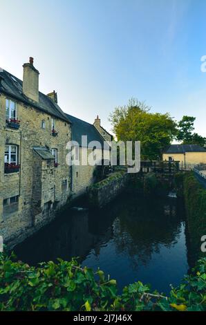 Vue sur la rue à Bayeux, France, avec lierre grimpant et une roue à eau à l'arrière d'une maison. Banque D'Images