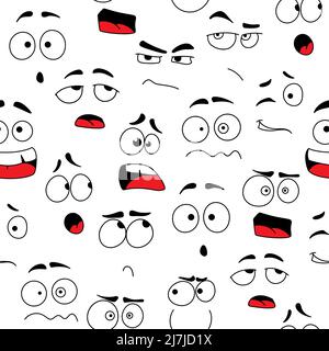 Visages de dessin animé avec sourire heureux et expressions du visage triste vector sans couture motif de caractères emoji. Fond de bande dessinée de personnages mignons, drôles, en colère et fous émoticônes, les gens émotions toile de fond Illustration de Vecteur
